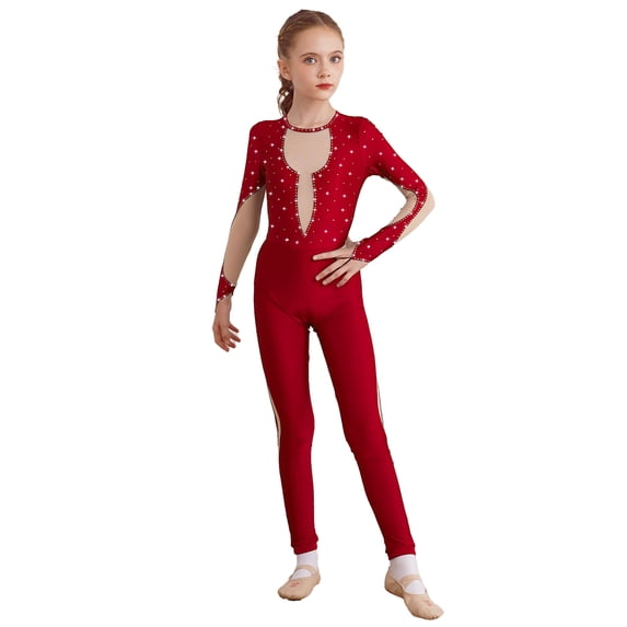 Alvivi Kids Girls Rhinestone Long Sleeve Figure Ice Skating Jumpsuit Unitard Gymnastics Dance Leotard Red 8