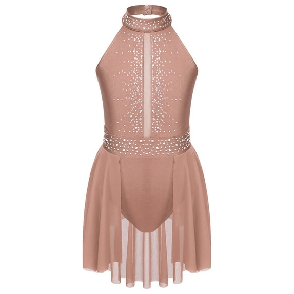 Alvivi Kids Girls Rhinestone Lyrical Dance Dress Figure Ice Skating Leotard Modern Contemporary Costume Coffee 8