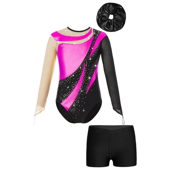 Alvivi Kids Girls Rhinestone Mesh Long Sleeve Gymnastics Leotard Skating Jumpsuit with Shorts Hair Band Hot Pink&Black 6