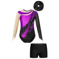 thumbnail image 1 of Alvivi Kids Girls Rhinestone Mesh Long Sleeve Gymnastics Leotard Skating Jumpsuit with Shorts Hair Band Purple&Black 14, 1 of 5