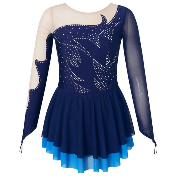 Alvivi Kids Girls Rhinestone Mesh Splice Figure Ice Skating Dress Gymnastics Bodysuit Navy Blue 10