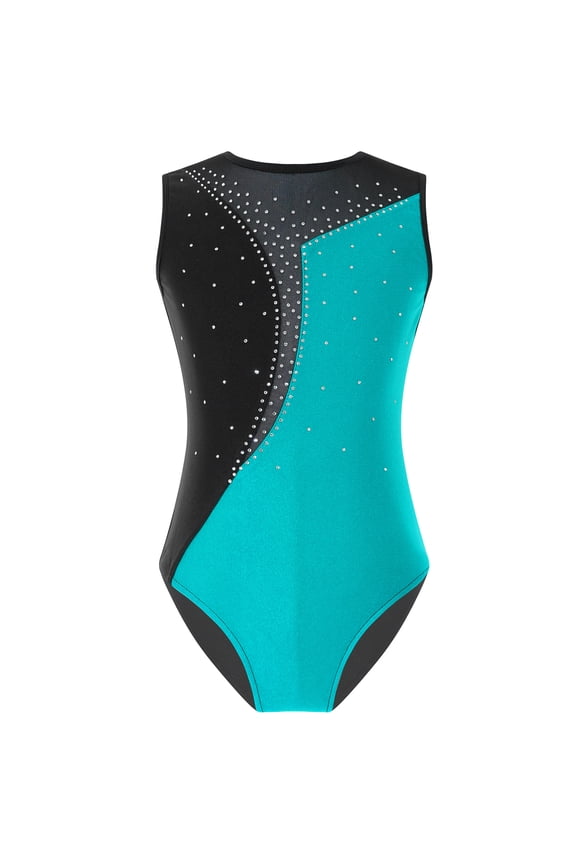 Kids Girls Rhinestone Sleeveless Ballet Dance Leotard Gymnastic Color Block Bodysuit Blue Green 6