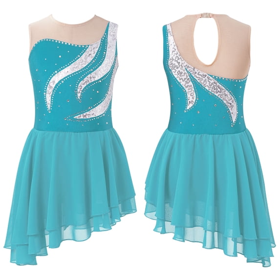 Alvivi Kids Girls Rhinestone Sleeveless Figure Ice Skating Dress Lyrical Dance Gymnastics Leotard Turquoise 6