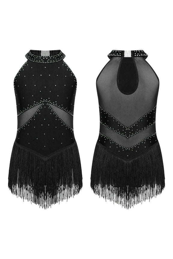 Kids Girls Rhinestone Tassel Latin Ballet Leotard Dance Dress Figure Ice Skating Dresses Black 6