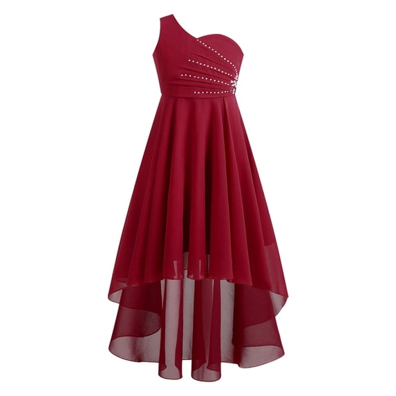 Alvivi Kids Girls Rhinestones Junior Bridesmaid Dress One Shoulder Chiffon Wedding Party Dresses Burgundy 14