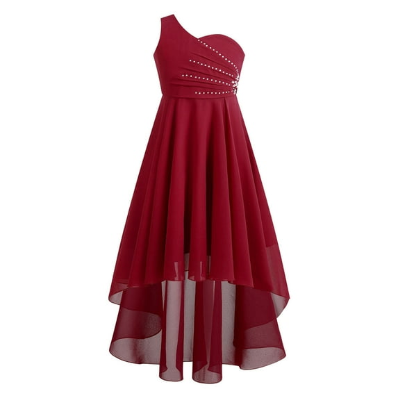 Alvivi Kids Girls Rhinestones Junior Bridesmaid Dress One Shoulder Chiffon Wedding Party Dresses Burgundy 6