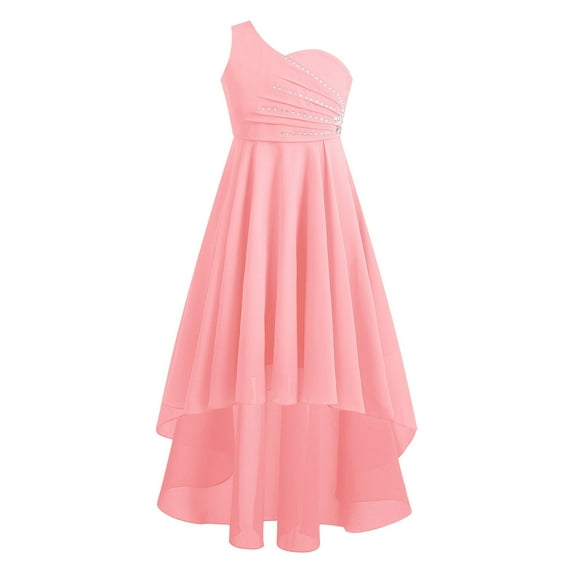 Alvivi Kids Girls Rhinestones Junior Bridesmaid Dress One Shoulder Chiffon Wedding Party Dresses Pink 6