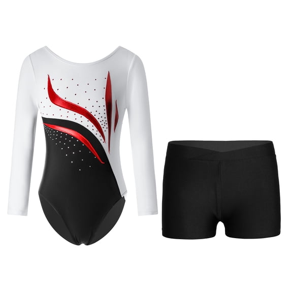 Alvivi Kids Girls Rhinestones Long Sleeve Ballet Dance Gymnastic Leotard with Athletic Shorts Set White&Black 10