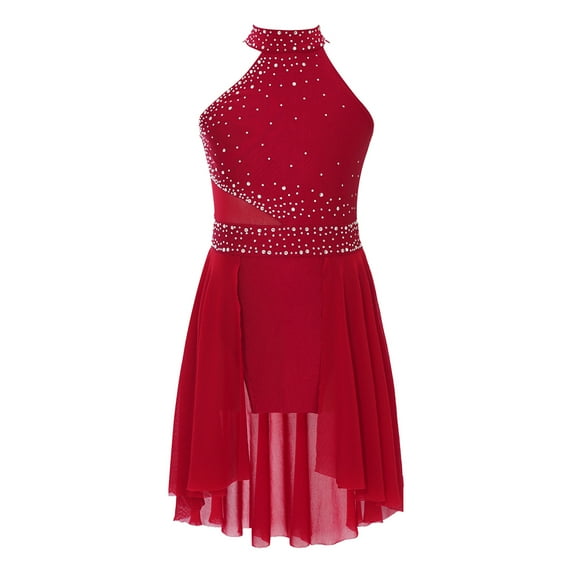 Alvivi Kids Girls Rhinestones Sleeveless Mock Neck Ice Skating Ballet Latin Dress Leotards Burgundy 12