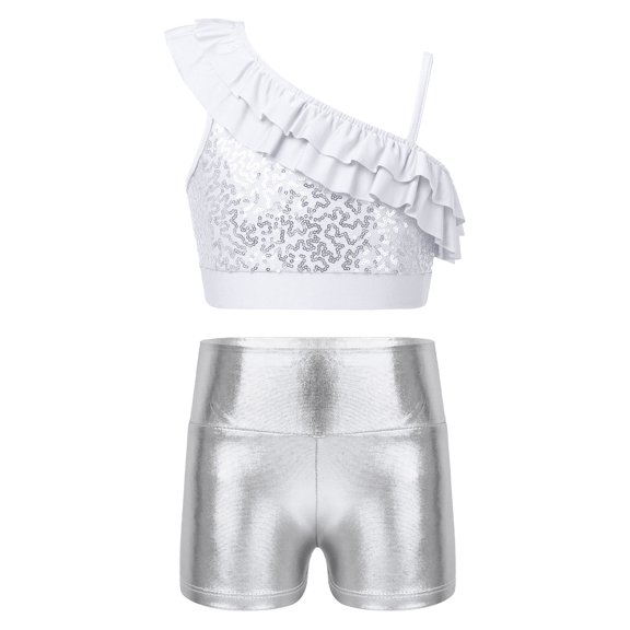 Alvivi Kids Girls Sequin 2PCs Dance Outfits Crop Top and Shorts Set Gymnastics Leotard Silver 12