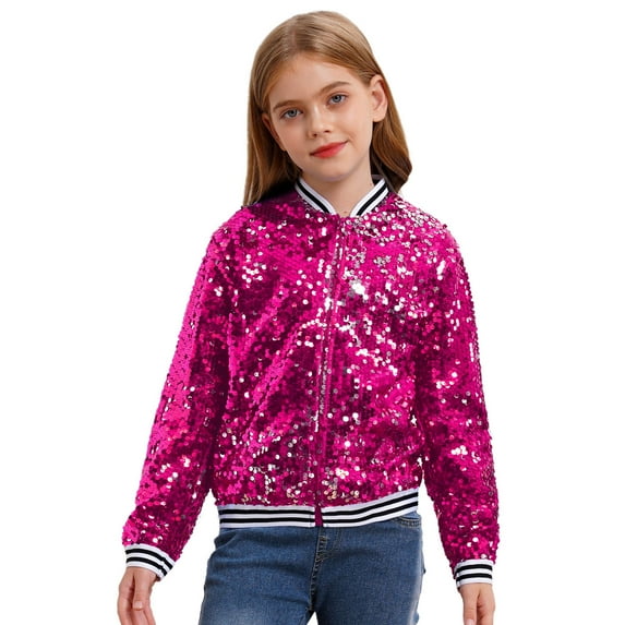 Alvivi Kids Girls Sequin Baseball Bomber Jacket Coat Sparkly Long Sleeve Zipper Blazer Jackets Hot Pink 16