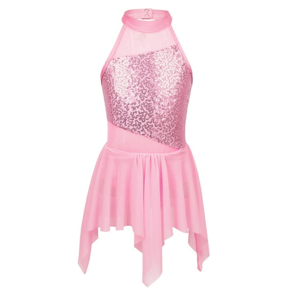 Alvivi Kids Girls Sequin Gymnastics Skirted Leotards Sleeveless Lyrical Ballet Dance Costume Dress Pink 8