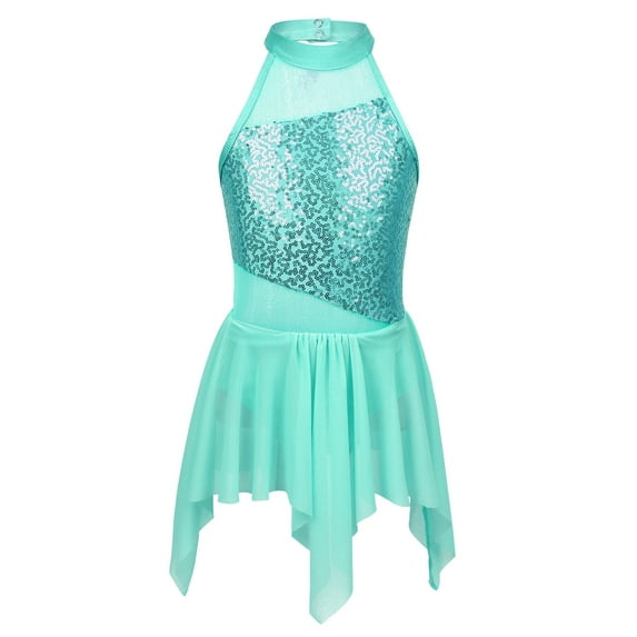 Alvivi Kids Girls Sequin Gymnastics Skirted Leotards Sleeveless Lyrical Ballet Dance Costume Dress Turquoise 6