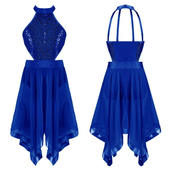 Alvivi Kids Girls Sequin Halter Tulle Mesh Dance Dress Lyrical Contemporary Dance Costume 4-16