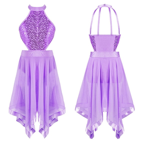Alvivi Kids Girls Sequin Halter Tulle Mesh Dance Dress Lyrical Contemporary Dance Costume 4-16