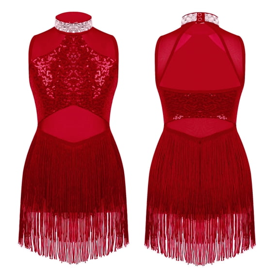 Alvivi Kids Girls Sequin High Neck Tassel Leotard Latin Jazz Salsa Skating Dress 6-16 Burgundy 8