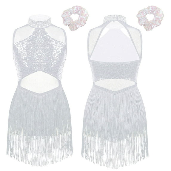 Alvivi Kids Girls Sequin High Neck Tassel Leotard Latin Jazz Salsa Skating Dress 6-16 White-A 8
