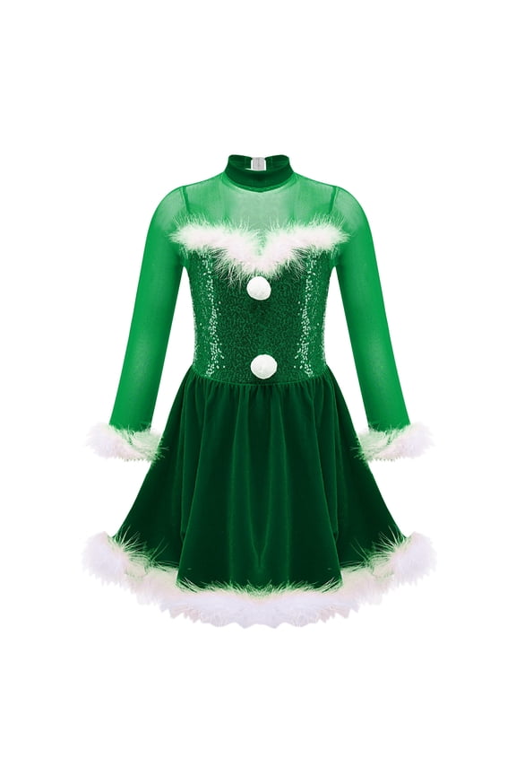 Kids Girls Sequin Ice Skating Dance Leotard Dress Christmas Snowman Party Costume Green 8