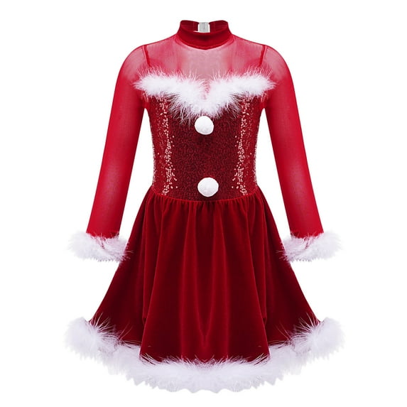 Alvivi Kids Girls Sequin Ice Skating Dance Leotard Dress Christmas Snowman Party Costume Red 6