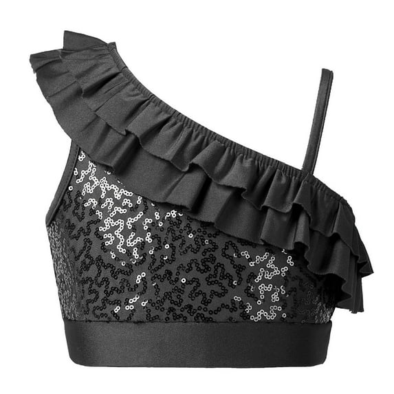 Alvivi Kids Girls Sequin Ruffled One Shoulder Ballet Dance Crop Tops Jazz Modern Dance Vest A Black 12