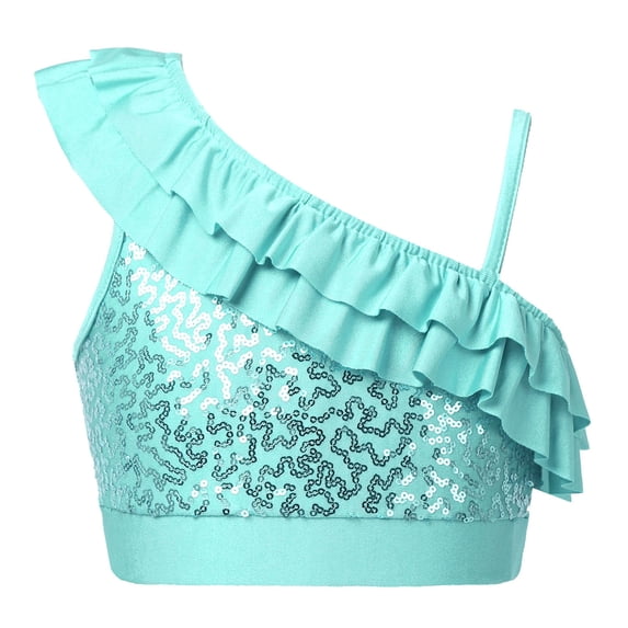 Alvivi Kids Girls Sequin Ruffled One Shoulder Ballet Dance Crop Tops Jazz Modern Dance Vest Mint Green 12