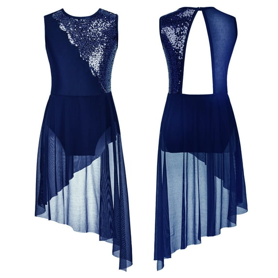 Alvivi Kids Girls Sequined Sleeveless Lyrical Latin Dance Dress Gymnastic High Low Skirt Navy Blue 12