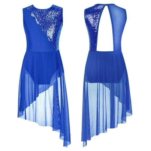 Alvivi Kids Girls Sequined Sleeveless Lyrical Latin Dance Dress Gymnastic High Low Skirt