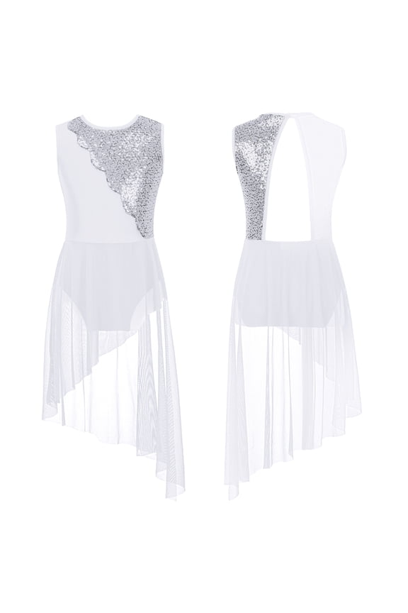 Kids Girls Sequined Sleeveless Lyrical Latin Dance Dress Gymnastic High Low Skirt