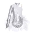 thumbnail image 1 of Alvivi Kids Girls Sequins Asymmetrical Shoulder Mock Neck Feather Tulle Skirted Leotard Jumpsuit Silver 14, 1 of 5