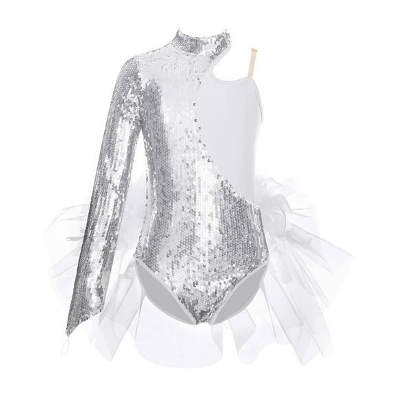 Alvivi Kids Girls Sequins Asymmetrical Shoulder Mock Neck Feather Tulle Skirted Leotard Jumpsuit Silver 14