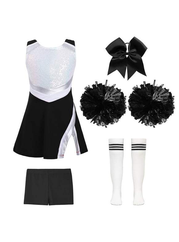 Alvivi Kids Girls Sequins Cheerleading Dance Outfits School Cheer Uniform Halloween Carnival Party Costume A White&Black 10