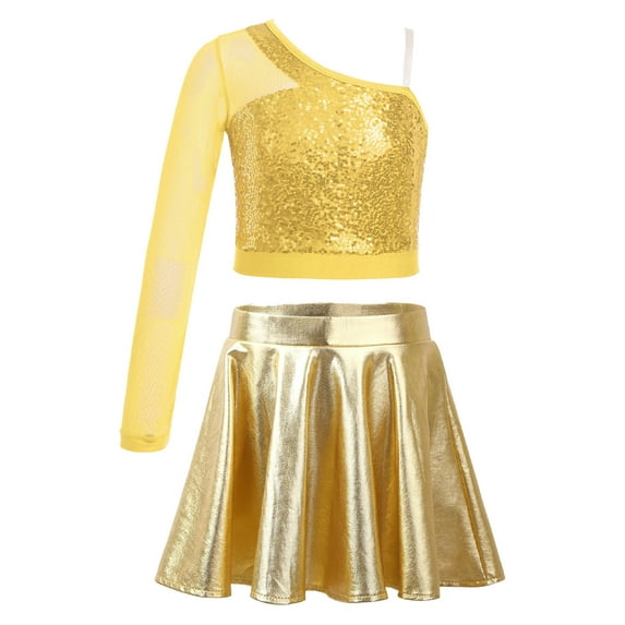 Alvivi Kids Girls Sequins Crop Top with Metallic Mini Skirt Outfits for Hip Hop Jazz Dance Performance Gold 10