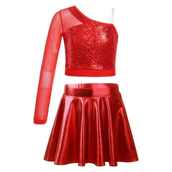 Alvivi Kids Girls Sequins Crop Top with Metallic Mini Skirt Outfits for Hip Hop Jazz Dance Performance Red 8