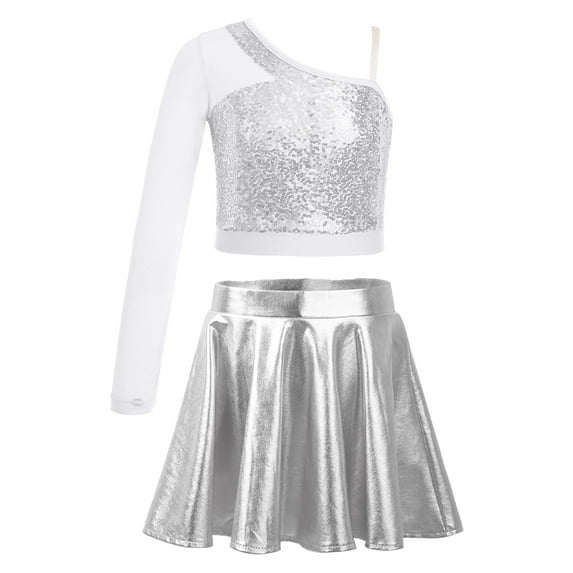 Alvivi Kids Girls Sequins Crop Top with Metallic Mini Skirt Outfits for Hip Hop Jazz Dance Performance Silver 14