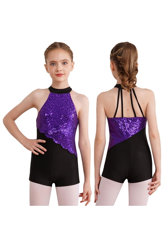 Kids Girls Sequins Gymnastics Leotard Unitard Biketard Latin Jazz Ballet Dance Outfits Purple 12