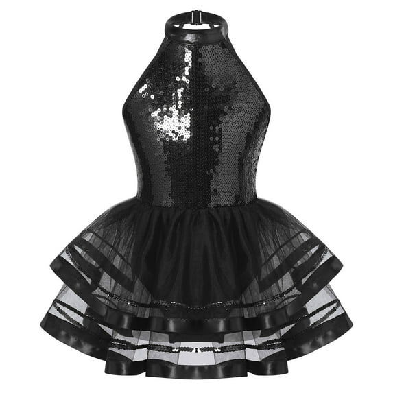 Alvivi Kids Girls Sequins Hollow Back Tutu Mesh Dance Dress 4-16 Black 4