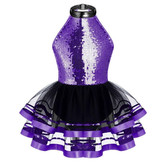 Alvivi Kids Girls Sequins Hollow Back Tutu Mesh Dance Dress 4-16 Purple 6