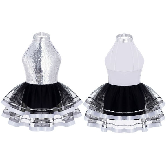 Alvivi Kids Girls Sequins Hollow Back Tutu Mesh Dance Dress 4-16 Silver 16