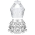 thumbnail image 1 of Alvivi Kids Girls Sequins Jazz Modern Dance Costume Crop Top Vest with Tiered Skirted Shorts Set Silver 16, 1 of 5
