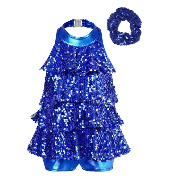 Alvivi Kids Girls Sequins Latin Rumba Salsa Dance Tassel Dress Ballroom Dancewear with Hair Tie Royal Blue 12