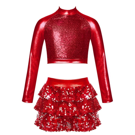 Alvivi Kids Girls Sequins Long Sleeve Crop Top with Culottes Jazz Hip Hop Modern Dance Costume Red 6