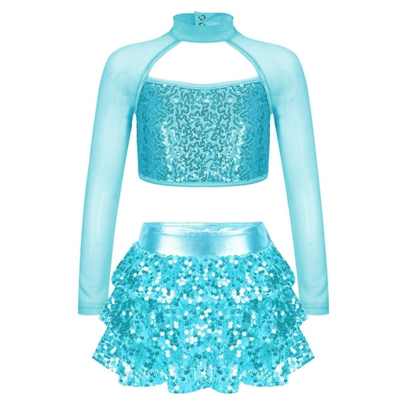 Alvivi Kids Girls Sequins Long Sleeve Latin Jazz Hip Hop Dance Crop Top with Skirted Shorts Set Lake Blue 6