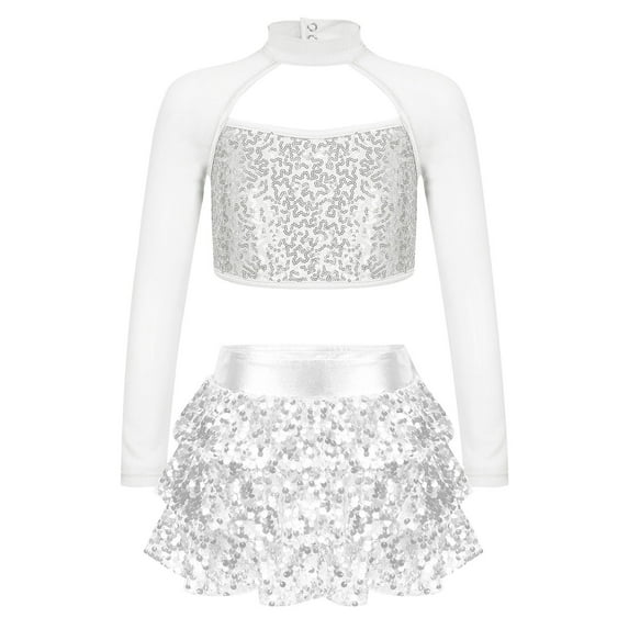 Alvivi Kids Girls Sequins Long Sleeve Latin Jazz Hip Hop Dance Crop Top with Skirted Shorts Set Silver 8