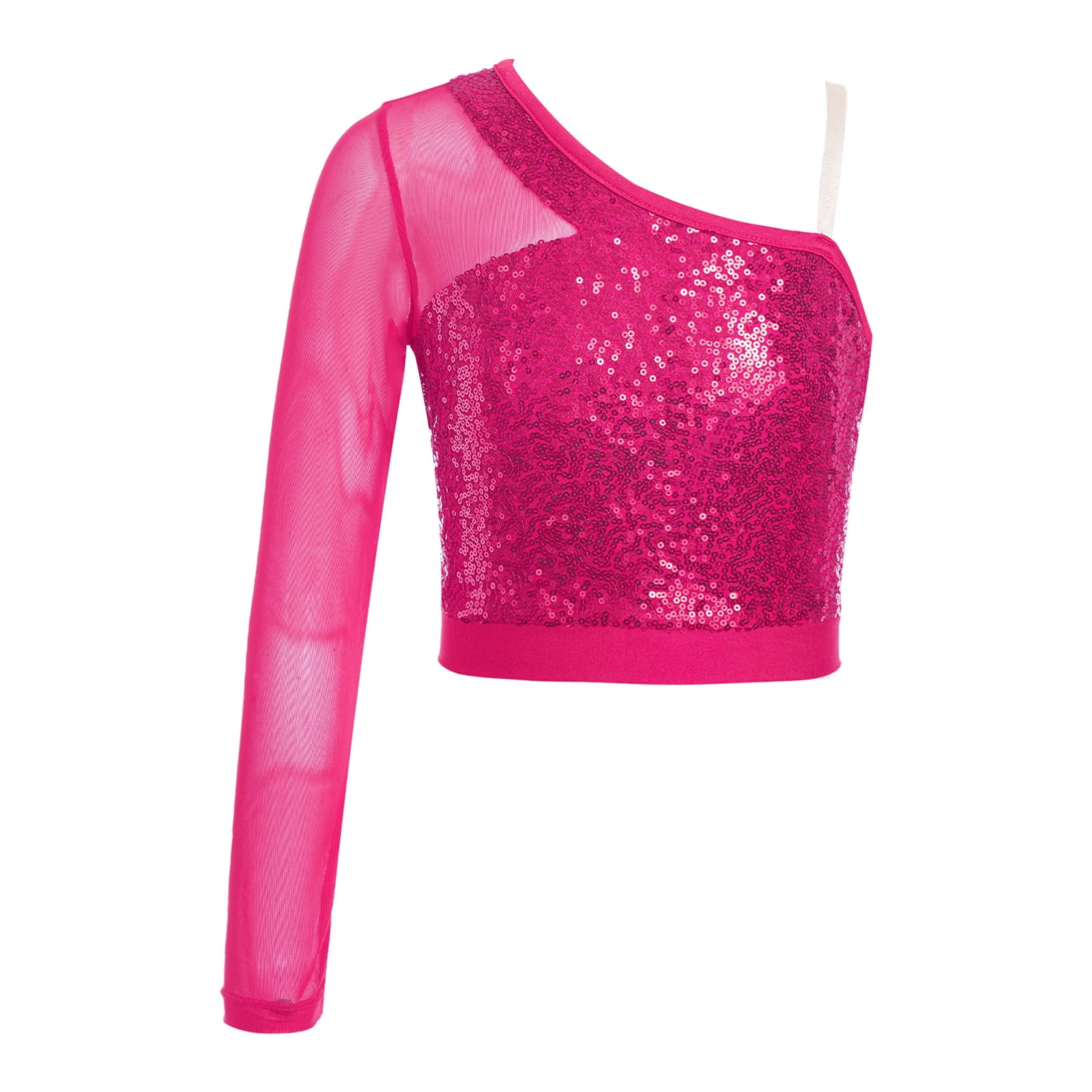 Alvivi Kids Girls Sequins One Shoulder Mesh Long Sleeve T Alvivi Kids Girls Sequins One Shoulder Mesh Long Sleeve T