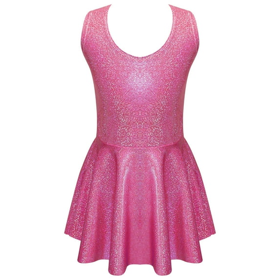 Alvivi Kids Girls Shimmer Metallic Ballet Dance Dress Summer Sleeveless Pleated Sundress Hot Pink 3-4