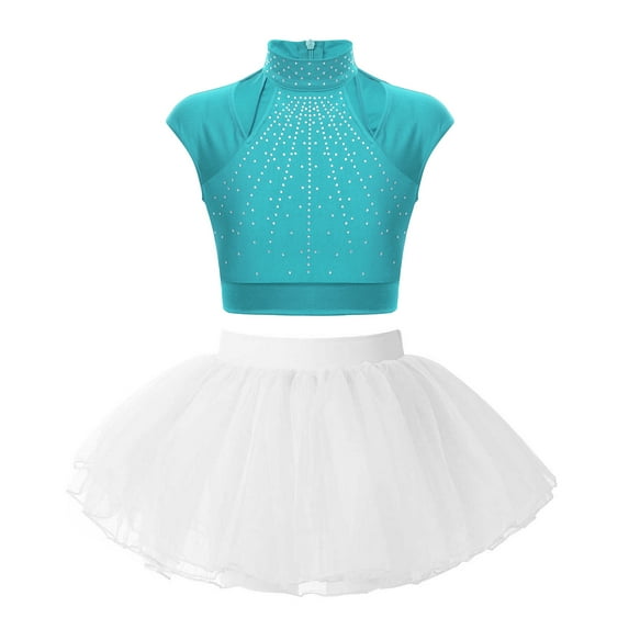 Alvivi Kids Girls Shiny Ballet Dance Outfits Gymnastic Shirt Crop Top and Tutu Skirt Bllerina Costume Blue Green&White 10