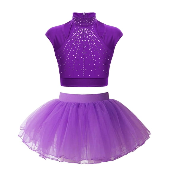 Alvivi Kids Girls Shiny Ballet Dance Outfits Gymnastic Shirt Crop Top and Tutu Skirt Bllerina Costume Purple 10