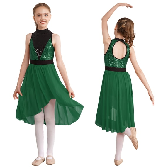 Alvivi Kids Girls Shiny Ballet Lyrical Praise Dance Dress Tunic Sleeveles Gymnastics Leotard Dark Green 12