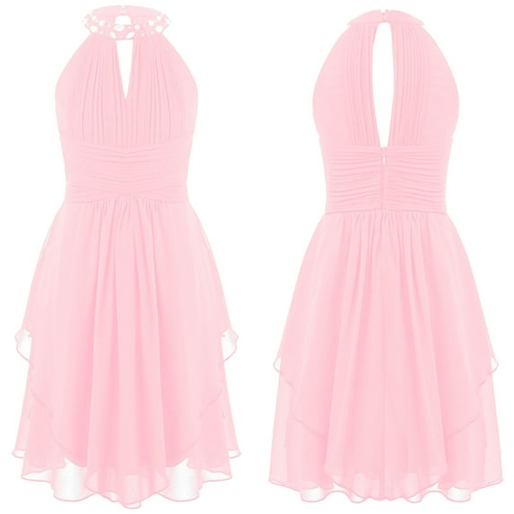 Alvivi Kids Girls Shiny Beaded Chiffon Dress Wedding Party Halter Ball Gown 6-16