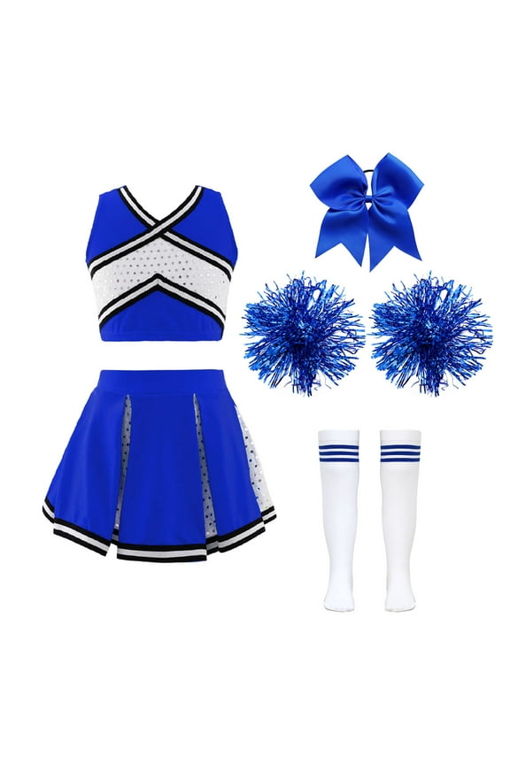 Kids Girls Shiny Cheerleading Outfits with Pompoms Cheer Leader Uniform Schoolgirls Dance Dress B Blue 14